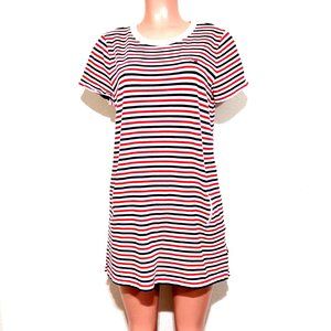 Tommy Hilfiger French Terry Striped Shift Dress Large Zip Pockets Red White Navy